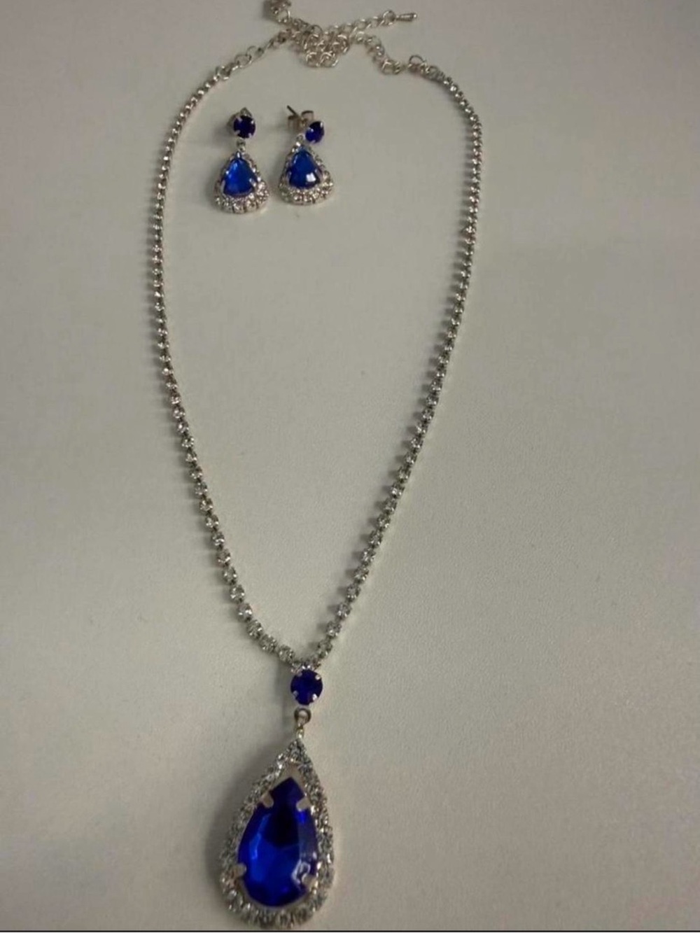 Silver Necklace and Earring Set with Blue Teardrop Stones
